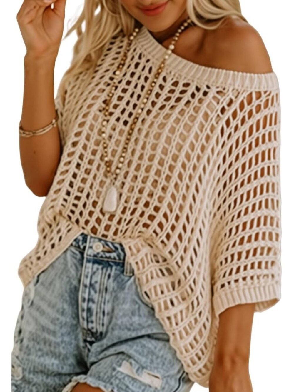 Women's Knit Tops Apricot Acrylic Scoop Neck Loose Summer Comfort Short Sleeve